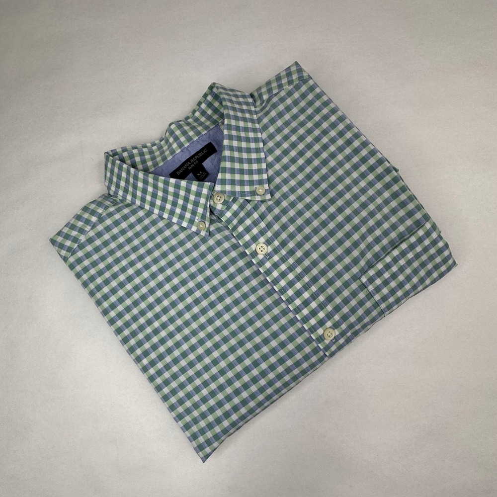 Banana Republic Mens XL Slim Fit Gingham Button Down Shirt Green White Cotton